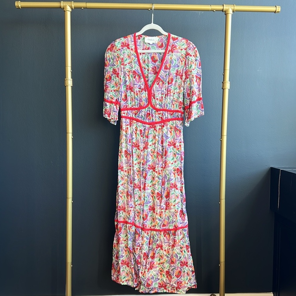 ba&sh Bright Red Floral midi dress size 1 (US small)